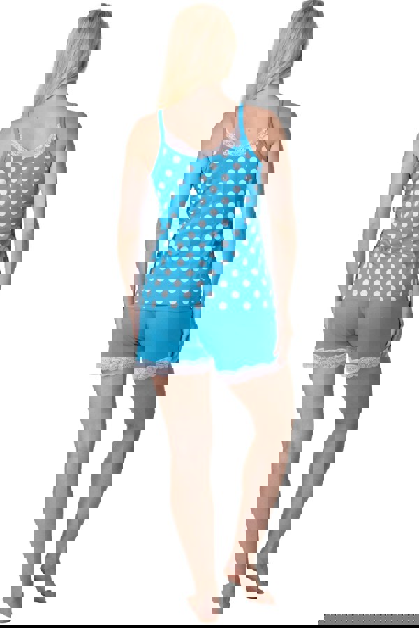 Camille Aqua Lightweight 100% Cotton Spot Printed Sleeveless Top Pyjama Set With Lace Detailing
