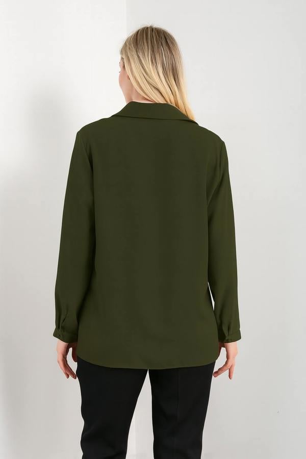 Hoxton Gal Oversized Long Sleeves Blouse with Brooch Details in Khaki