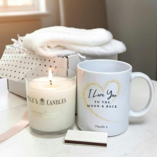 Aye Do Gifts Personalised Love You to the Moon & Back Mug, Candle & Socks Gift Hamper | Anniversary Gift