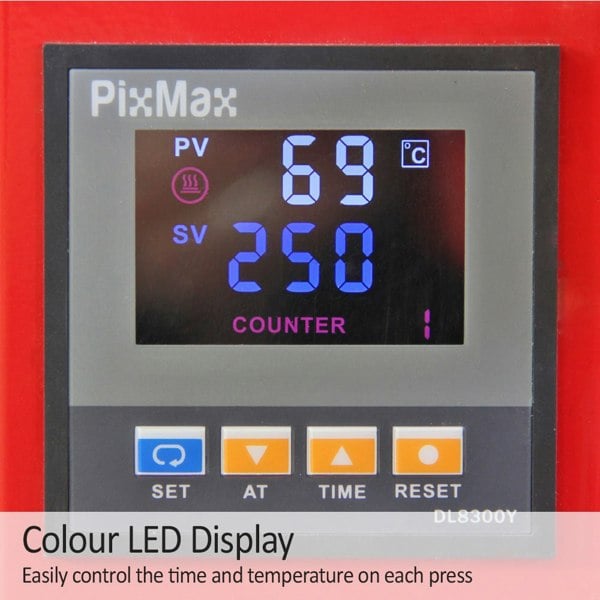PixMax 38cm Clam Heat Press with a color LED display showing time and temperature settings for precise heat application