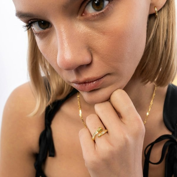 Spero London Baguette Snake Ring With Green Eyes in Sterling Silver