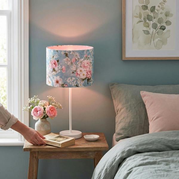 Vintage Chic Sky Blue Velvet Lamp Shade with Pink and White Flowers Image 6