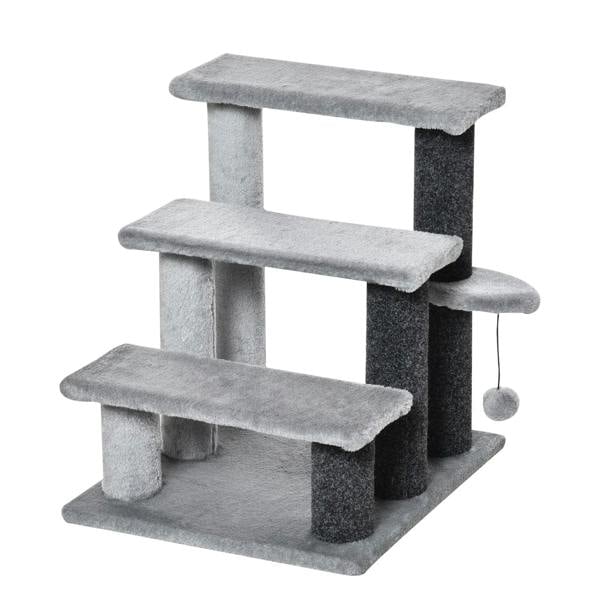 Grey 3-step pet stairs with scratching posts, platforms, and hanging toy ball