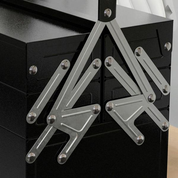 Close-up of silver folding metal connectors on black toolbox lid