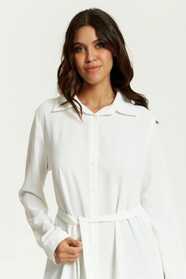 Hoxton Gal Oversized Belt Detailed Shirt Tunic with Long Sleeves in White