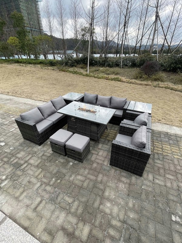 Fimous Rattan Outdoor Garden Furniture Set with Gas Firepit Dining Table, 2 Sofas, 2 Chairs, 2 Side Tables, 2 Footstools - 10 Seater - Dark Grey