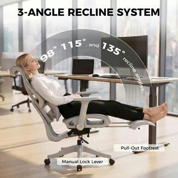 Ergonomic Office Chair with Lumbar Support, Mesh Reclining Desk Chair with Footrest, Adjustable High Back, Grey