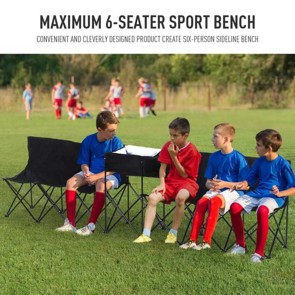 Black 6-seat sports bench with padded side panels and metal folding legs