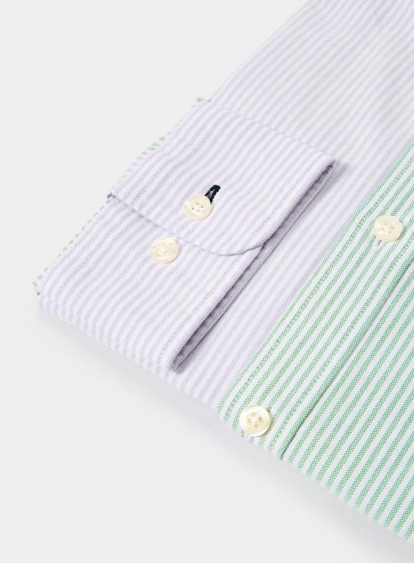 Close-up of men's lilac and green patch stripe Oxford shirt cuff with contrasting striped panels and button detail