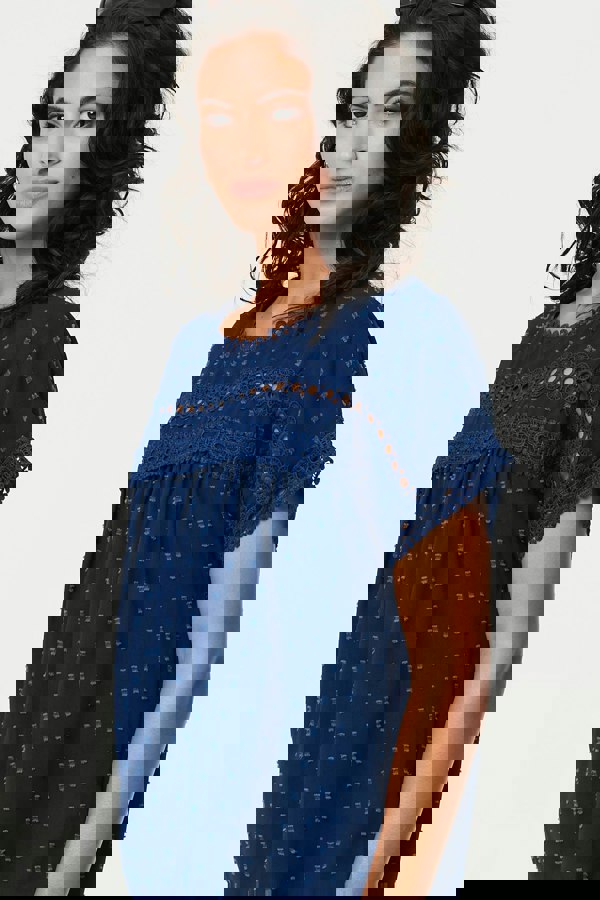 Navy | Lace Trim Short Sleeve Button Back Blouse
