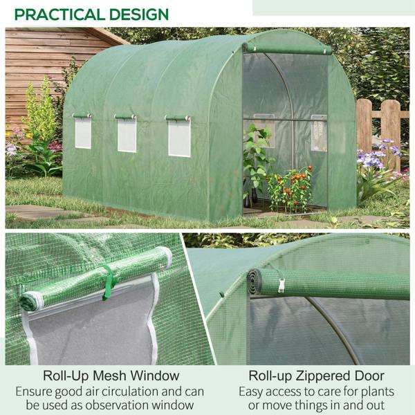Green greenhouse tent featuring roll-up mesh window and zippered door with metal frame