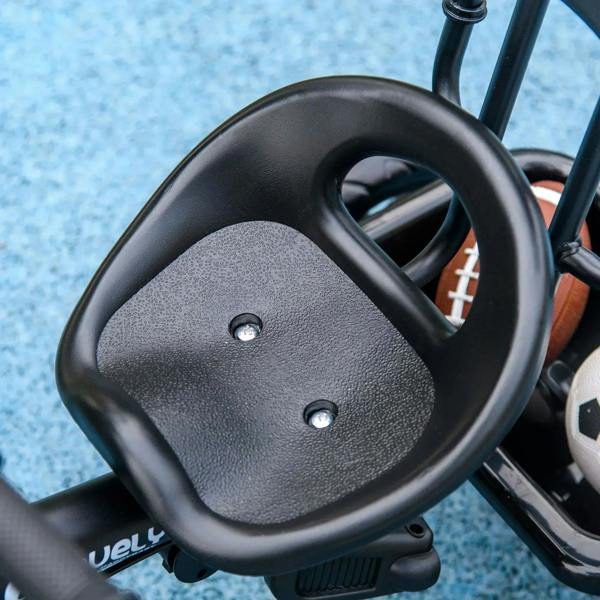 Dark blue kids tricycle seat close-up with contoured black cushion