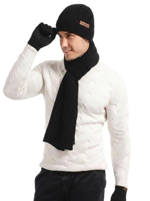 Anniou Men’s Knitted Hat Scarf Gloves Set - Black