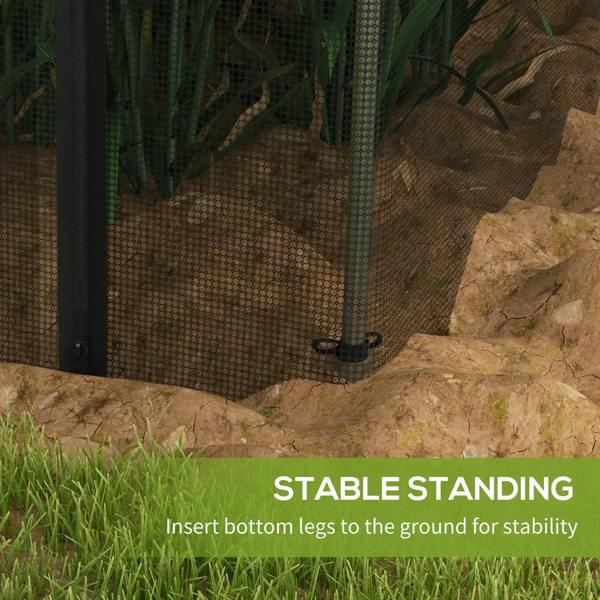 Plant protection tent with bottom stabilizing legs, black arched frame, mesh enclosure