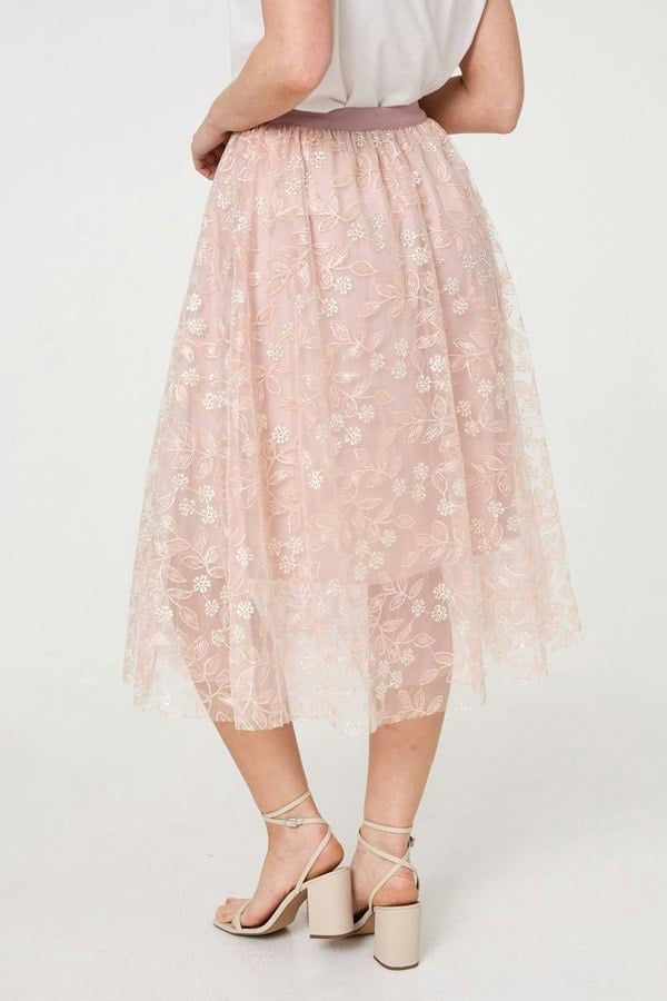 Pink | Floral Mesh Layered Midi Skirt
