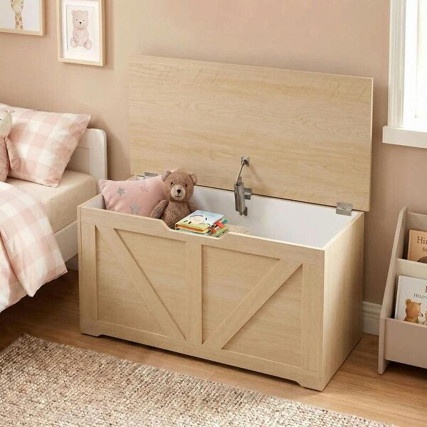100L Home Storage Box, with Safety Hinge - Nature Wood Finish