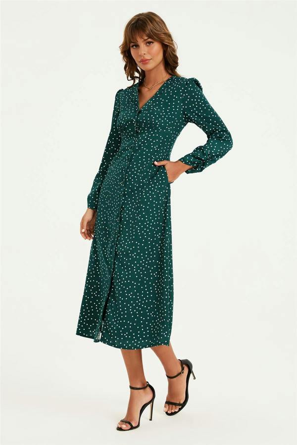 FS Collection Dot Print Long Sleeve Button Front Midi Dress In Green