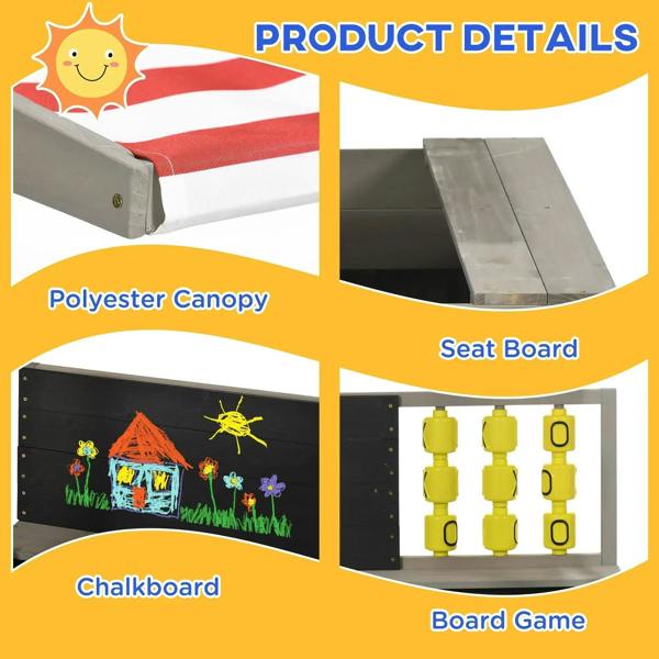 Grey kids sandpit detail showing striped canopy, chalkboard panel, and board game