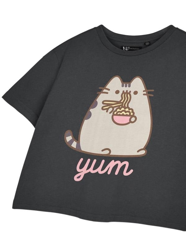 Pusheen Womens Grey Yum Noodles Cropped Short Sleeved T-Shirt