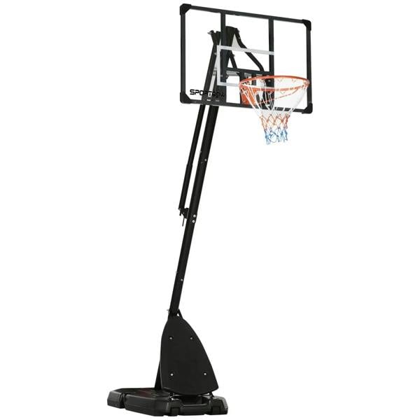Black adjustable basketball hoop stand with backboard, net, and weighted base