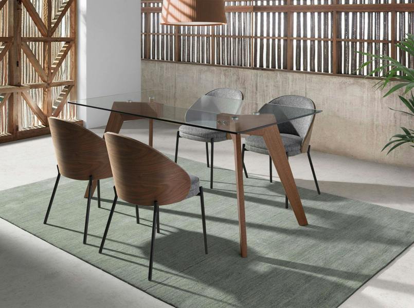 Angel Cerdá Rectangular tempered glass and walnut dining table 1031