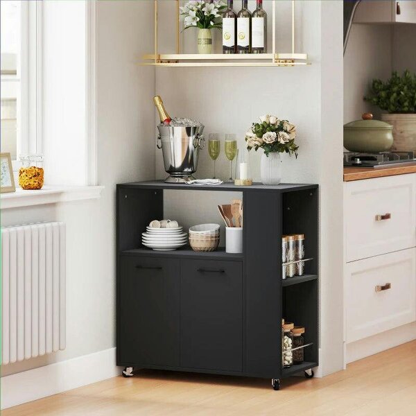 Kitchen Trolley on Wheels, Rolling Kitchen Island Cart with 2-Door Cabinet, Spice Rack and Adjustable Shelf, Black - Black