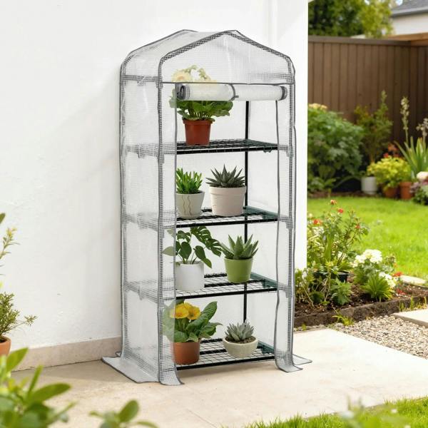 Four-tier portable greenhouse with white cover and black wire shelves on a standing base