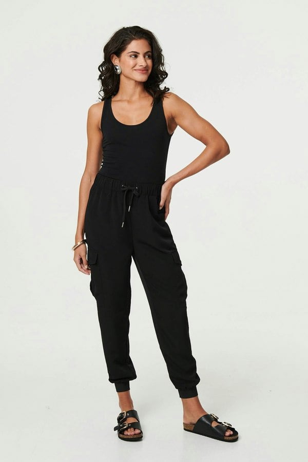Black | Drawstring High Waist Cargo Trousers
