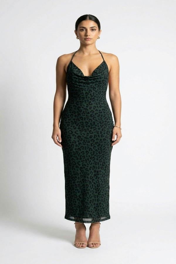Fatima Printed Deep Cowl Neck Backless Maxi Dress - Leopard