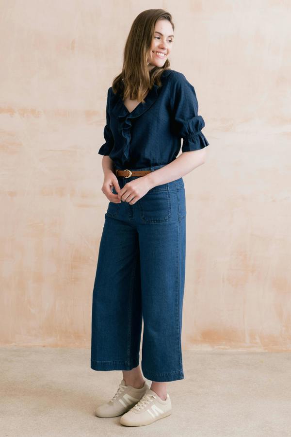 Lily & Me May Embroidered Cotton Frill Blouse Navy