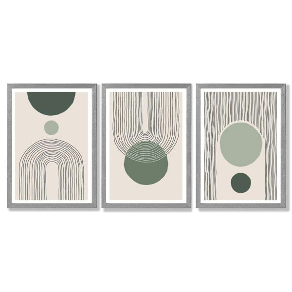 Set of 3 Boho Green and Beige Sketch Rainbows Framed Art Prints with Light Grey Wooden Frames
