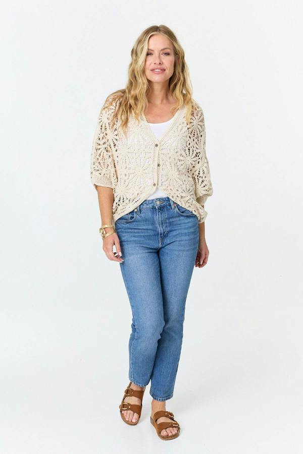 Beige | Floral Crochet Mesh Textured Cardigan