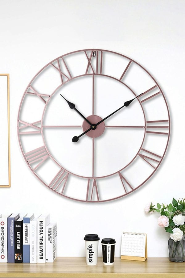 Living and Home 60cm Dia Rose Gold Roman Numeral Skeleton Wall Clock
