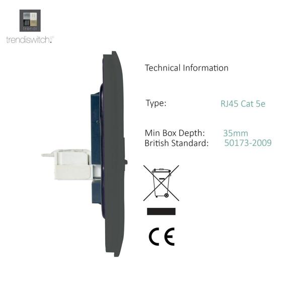 Trendi Switch 1 Gang RJ45 Cat 5e PC Ethernet Socket in Charcoal Grey