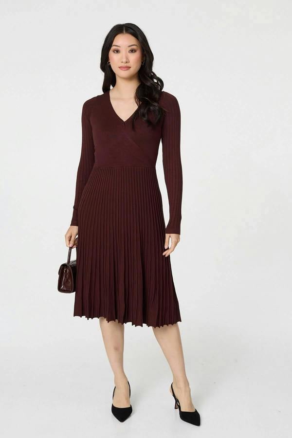 Brown | Pleated Knit Faux Wrap Midi Dress