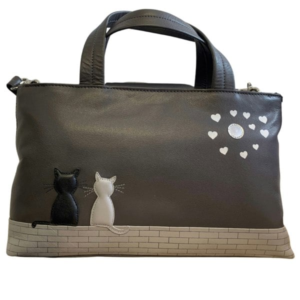 Mala Leather Midnight Black & Grey Cats Appliqué Bag – Adjustable Shoulder & Crossbody Strap