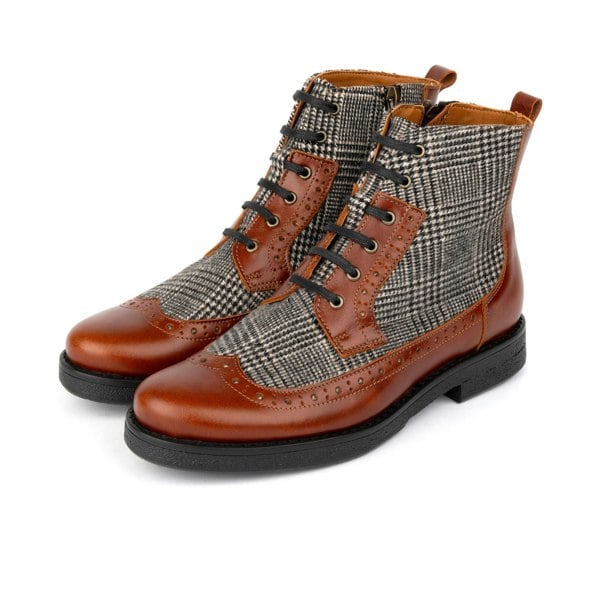 Embassy London Hatter - Brown & Brown Check - Women's Leather Ankle Lace-up Boot with check details