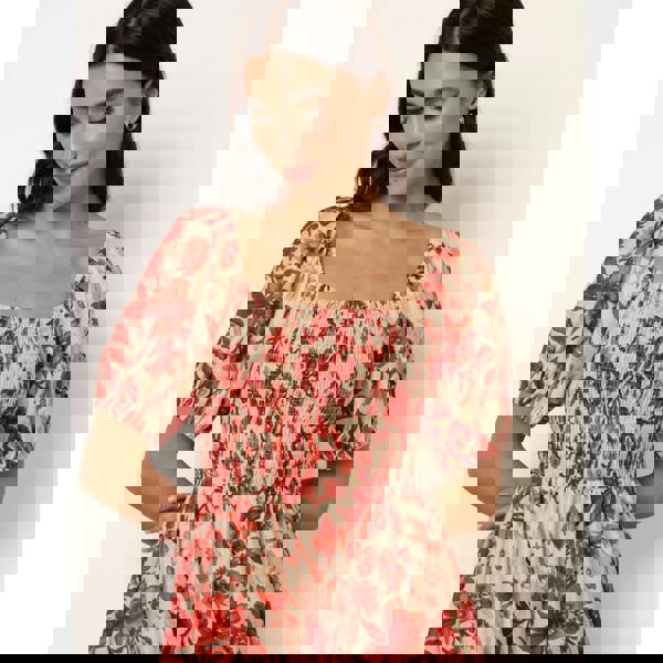 Blue Vanilla Watercolour Floral Shirred Puff Sleeve Midi Dress