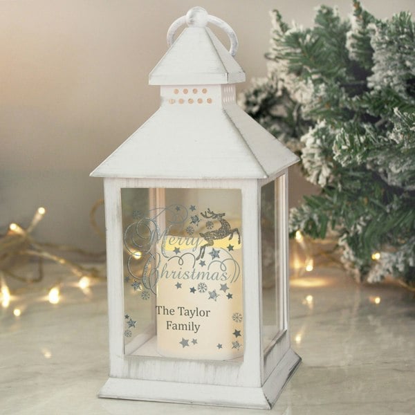 Personalised Memento Company Personalised Silver Reindeer White Lantern