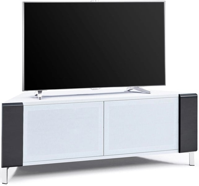 MDA Designs CORVUS Corner-Friendly Gloss White Contemporary Cabinet with Black Profiles White BeamThru Glass Doors for Flat Screen TVs up to 50"