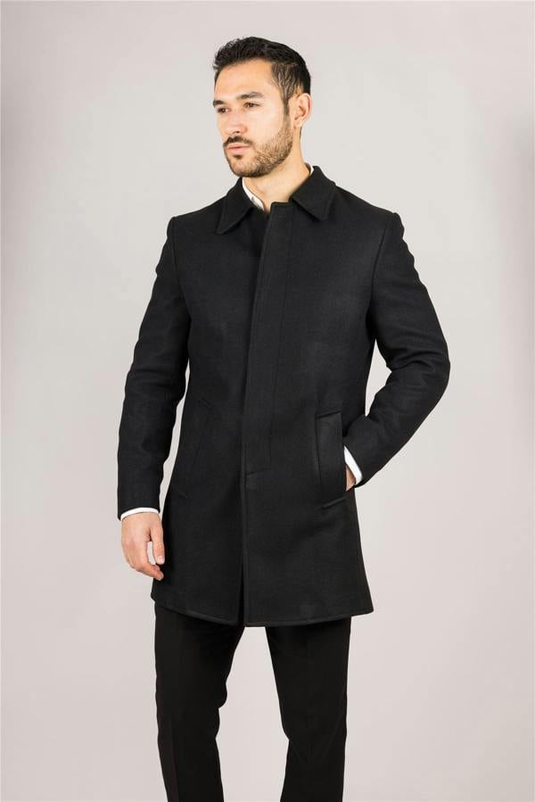 Infinity Leather Men's Wool Blend Classic Collar Black Overcoat