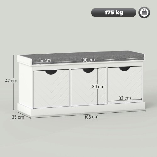 Wyld Haus Reco Nolu Wooden White 3 Drawer Shoe Bench With Grey Padded Seat