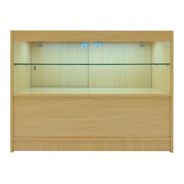 Maple LED shop counter set featuring a sleek design, glass shelves, and integrated lighting for enhanced product display