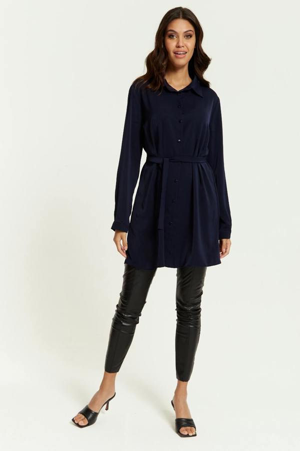 Hoxton Gal Oversized Belt Detailed Shirt Tunic with Long Sleeves in Navy