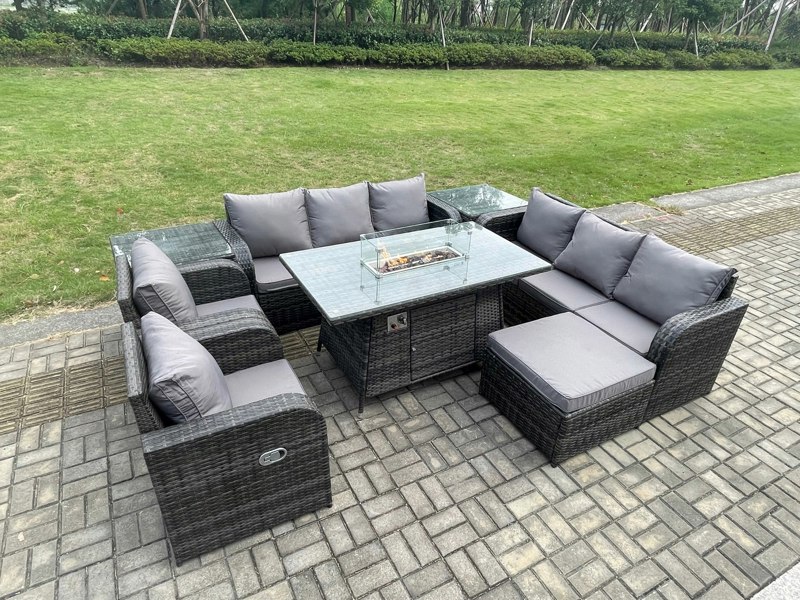 Fimous Rattan Outdoor Garden Furniture Set with Gas Fire Pit Dining Table, 2 Side Tables, 2 Chairs, 2 Sofas & 1 Footstool - 9 Seater - Dark Grey