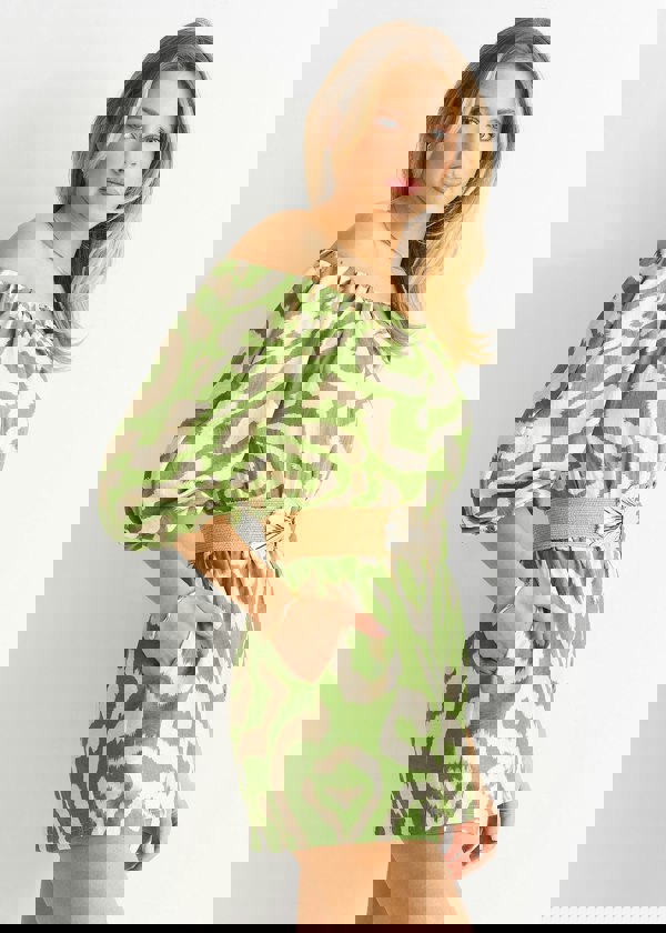 Gini London Green  Abstract Belted Bardot Viscose Playsuit