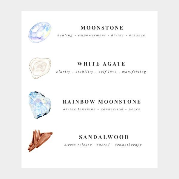 Selene purity mala bracelet stones including moonstone, white agate, rainbow moonstone, and sandalwood by Kati Kaia