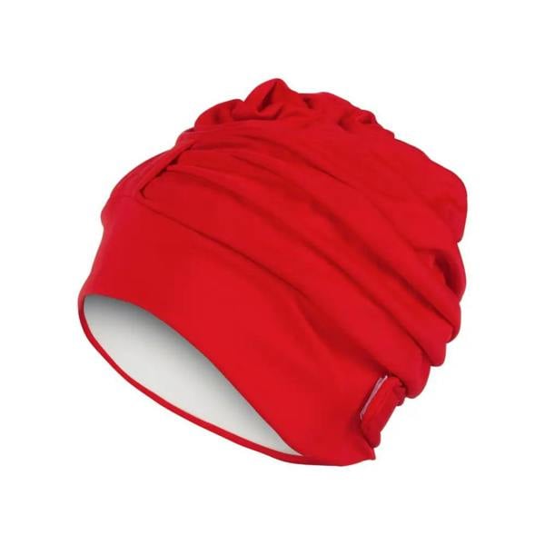Red Fashy draped fabric swim cap with white lining and elastic band