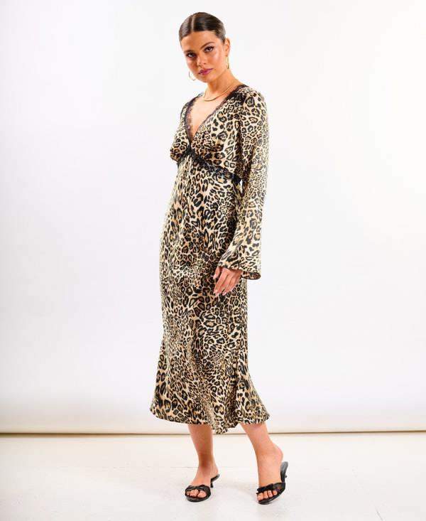 Animal Long Sleeve Lace Midi Dress
