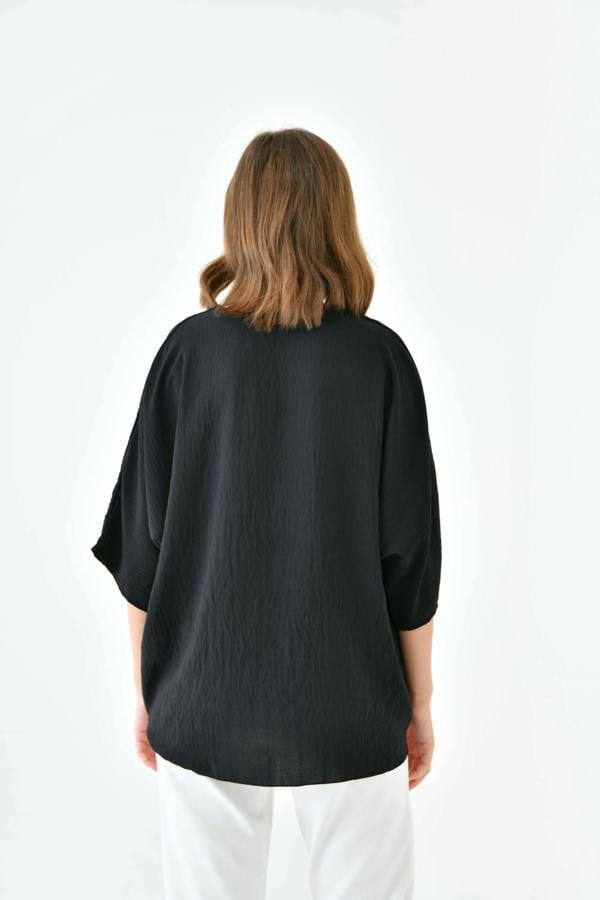 Hoxton Gal Oversized V Neck Tie Front Detailed Blouse with 3/4 Sleeves in Black